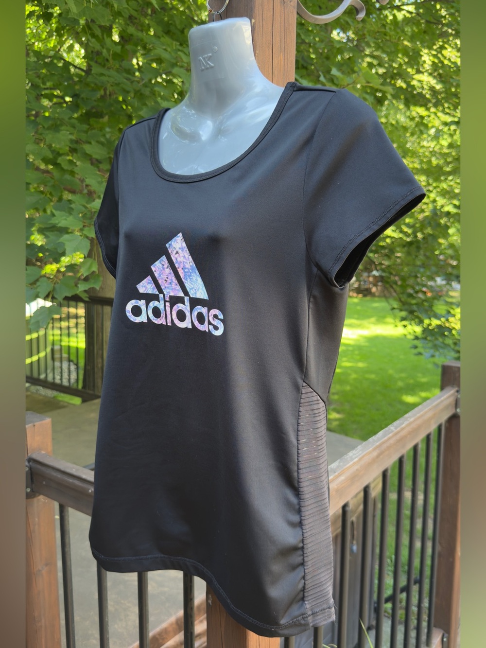 Adidas Climalite Black Athletic T-Shirt XL Floral Logo Short Sleeve Workout Top - Picture 5 of 11